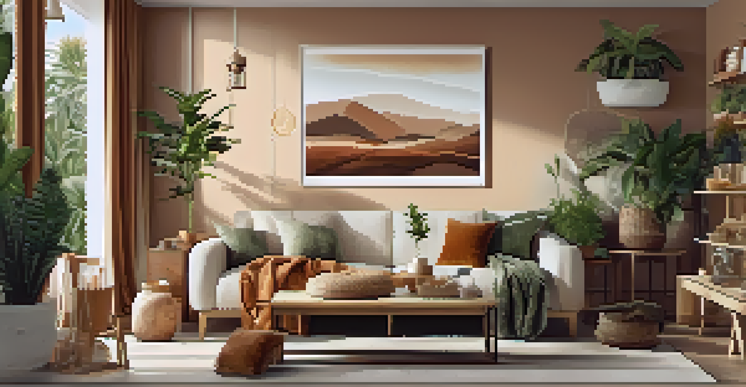 A bright room displaying eco-friendly clothing and accessories made from sustainable materials, surrounded by plants and warm colors.