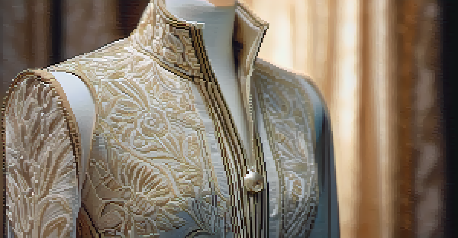 A close-up image of a high-quality garment on a mannequin, showcasing intricate stitching and fabric texture.