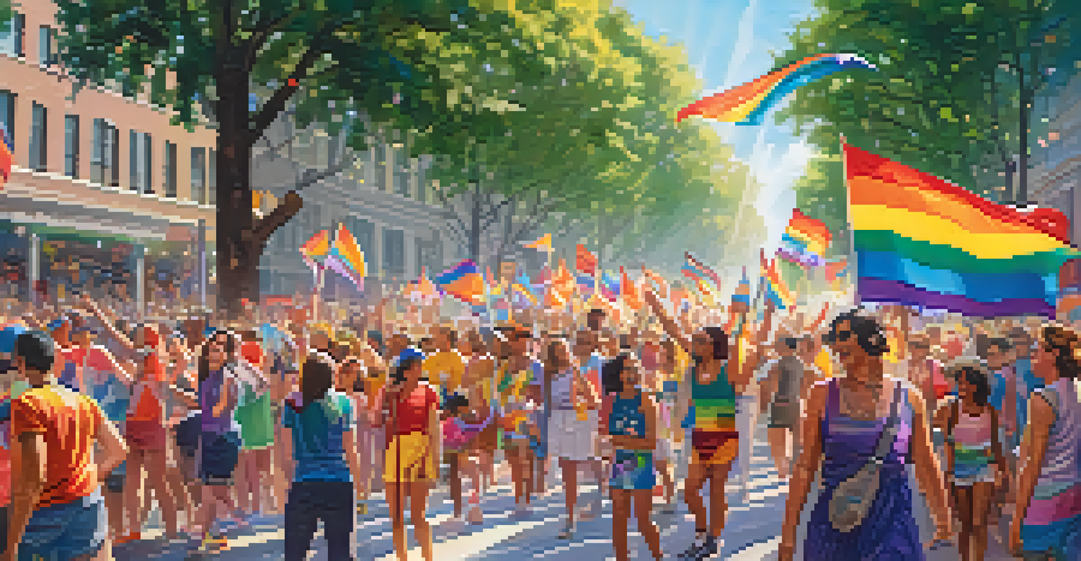 A lively Pride parade with individuals in rainbow outfits and flags celebrating diversity and LGBTQ+ rights, creating a joyful and inclusive atmosphere.
