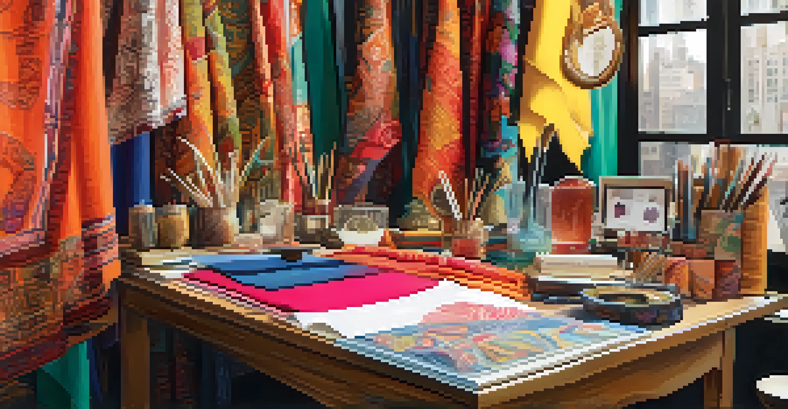 A fashion designer's workspace with sketches and vibrant fabrics from various cultures, illuminated by soft lighting.