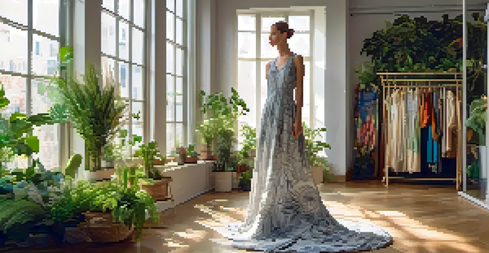 A mannequin in a colorful dress made from recycled materials in a sunlit room with plants, representing sustainable fashion.