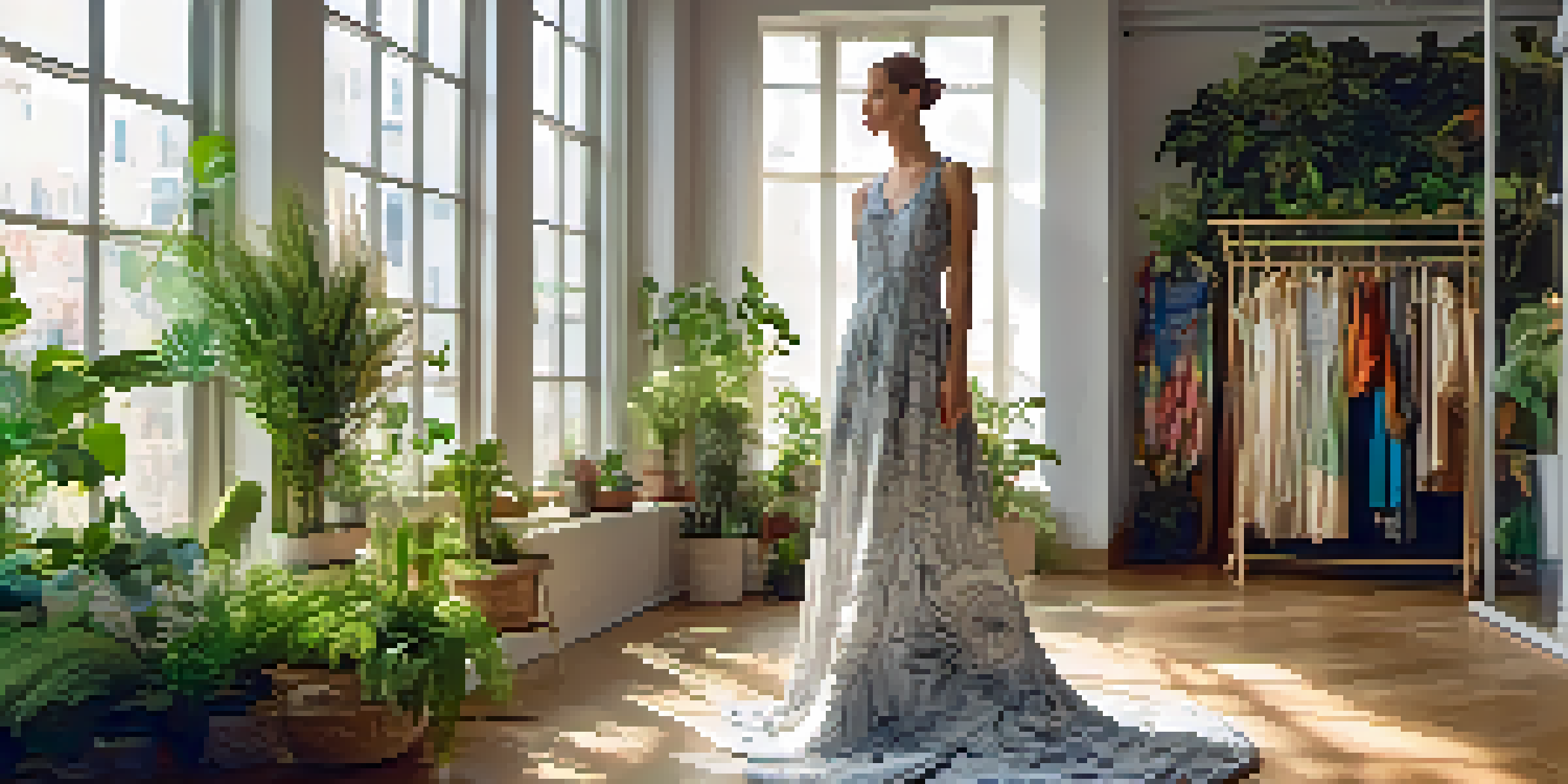 A mannequin in a colorful dress made from recycled materials in a sunlit room with plants, representing sustainable fashion.