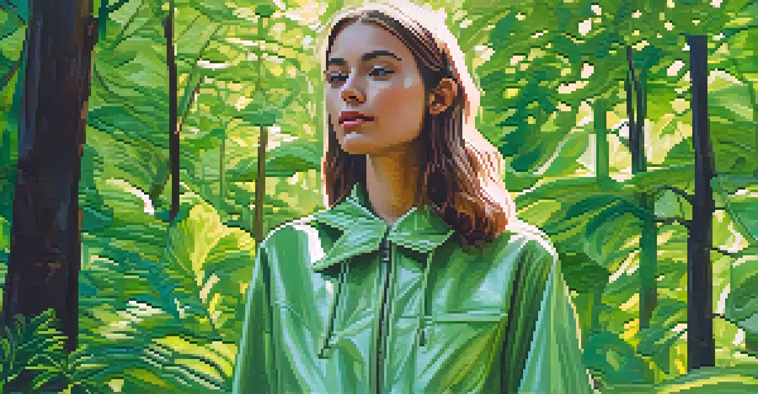 A close-up image of a young person in a sustainable fashion outfit, set against a green park with sunlight filtering through the trees.