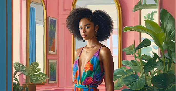 A young woman in a colorful outfit admiring herself in a mirror, surrounded by plants and soft lighting.