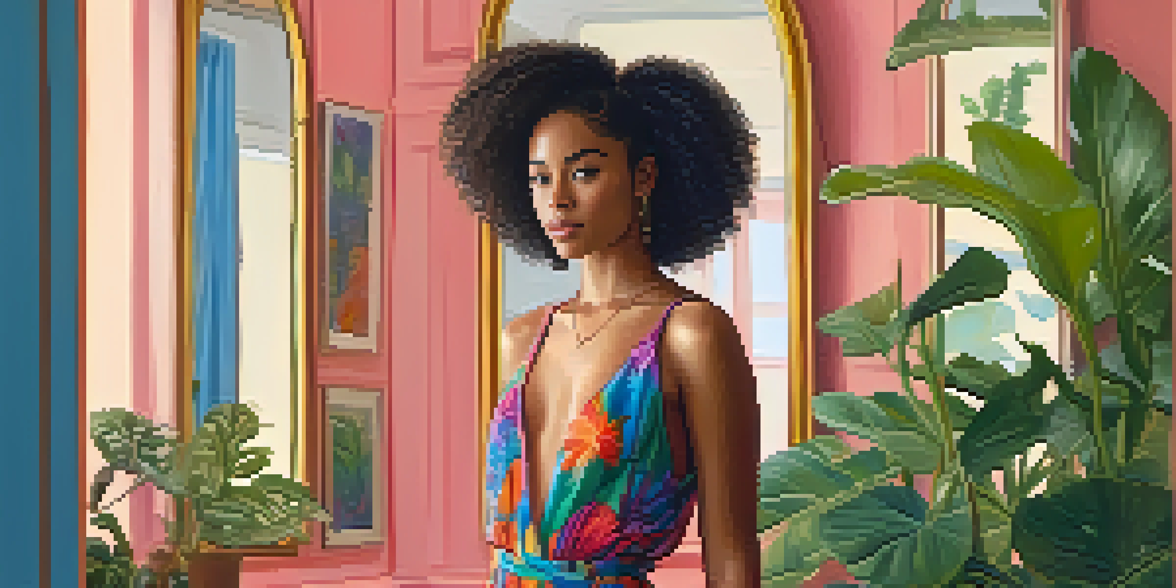 A young woman in a colorful outfit admiring herself in a mirror, surrounded by plants and soft lighting.