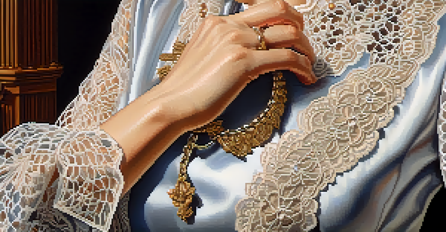 A woman's hand adjusting a decorative jabot on her collar in a courtroom setting, highlighting the elegance and significance of her attire.