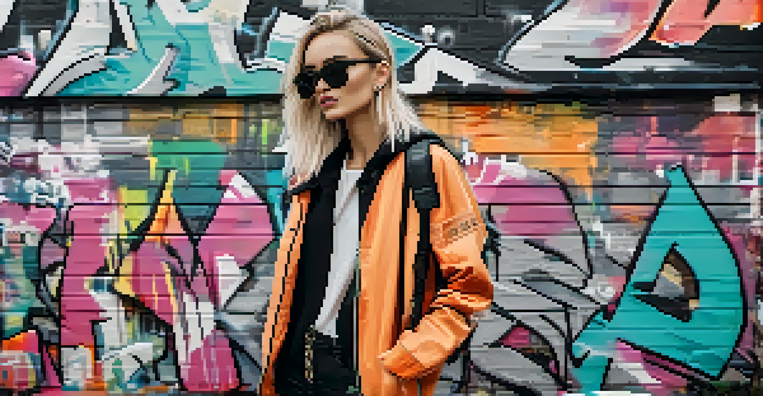 A model in streetwear leans against a colorful graffiti wall in an urban setting.