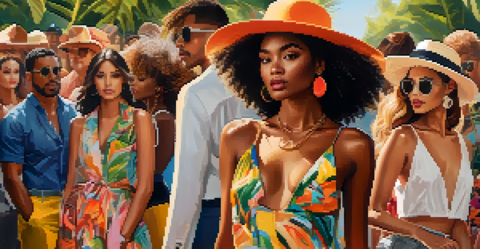 A lively outdoor fashion event with diverse models in colorful outfits and an engaged audience.