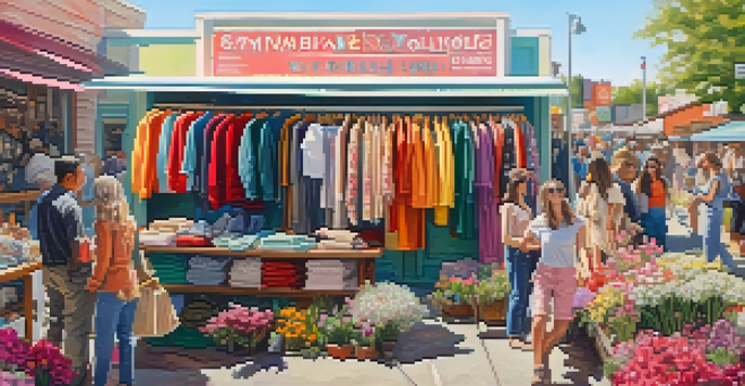 A colorful outdoor thrift shop with diverse shoppers browsing through second-hand clothing under bright sunlight.