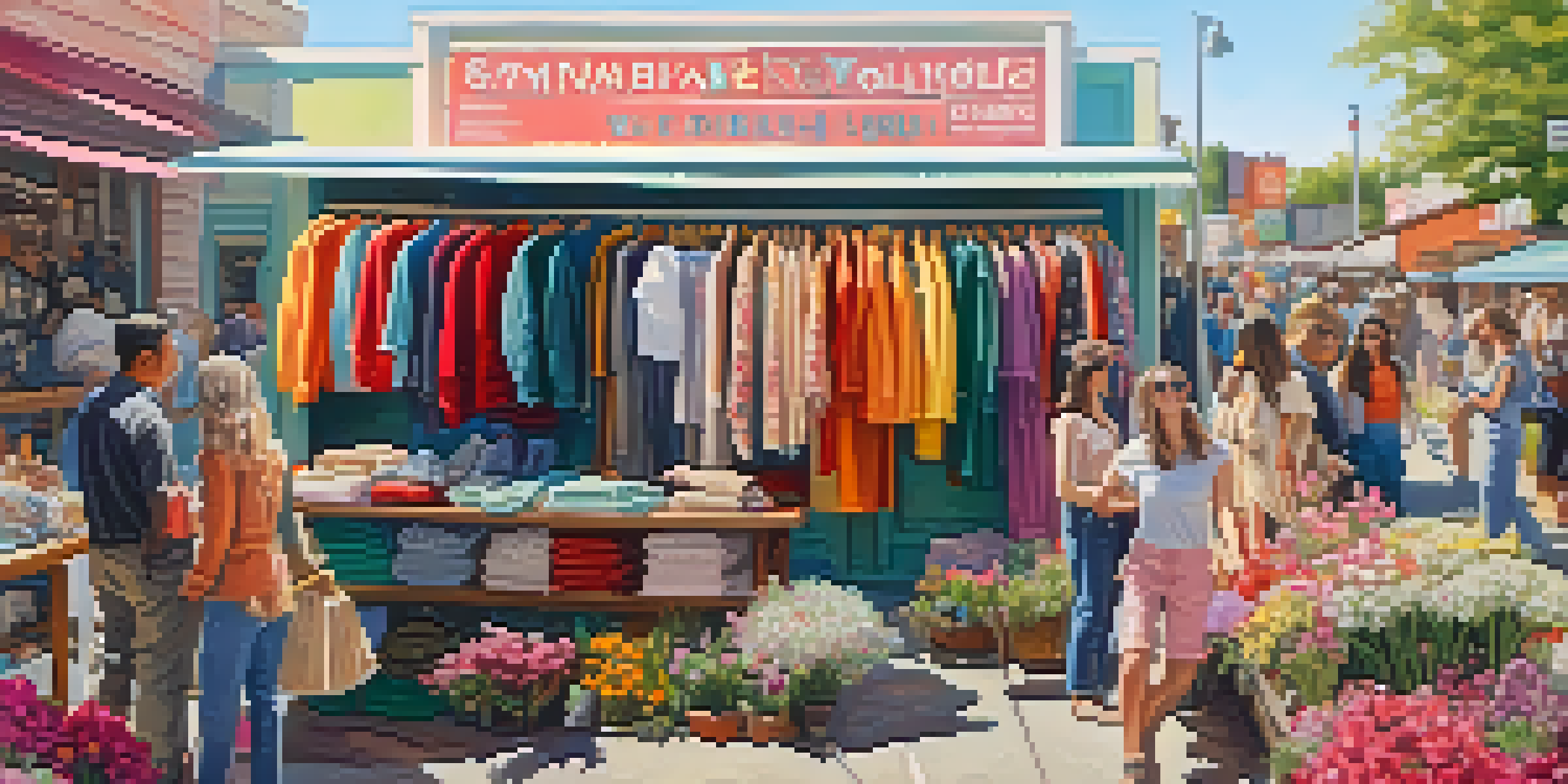 A colorful outdoor thrift shop with diverse shoppers browsing through second-hand clothing under bright sunlight.