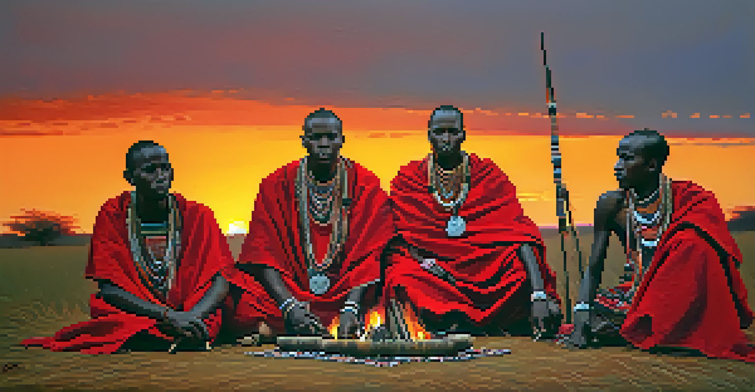 A group of Maasai warriors in traditional attire gathered around a fire at sunset, showcasing their colorful clothing against a warm sky.
