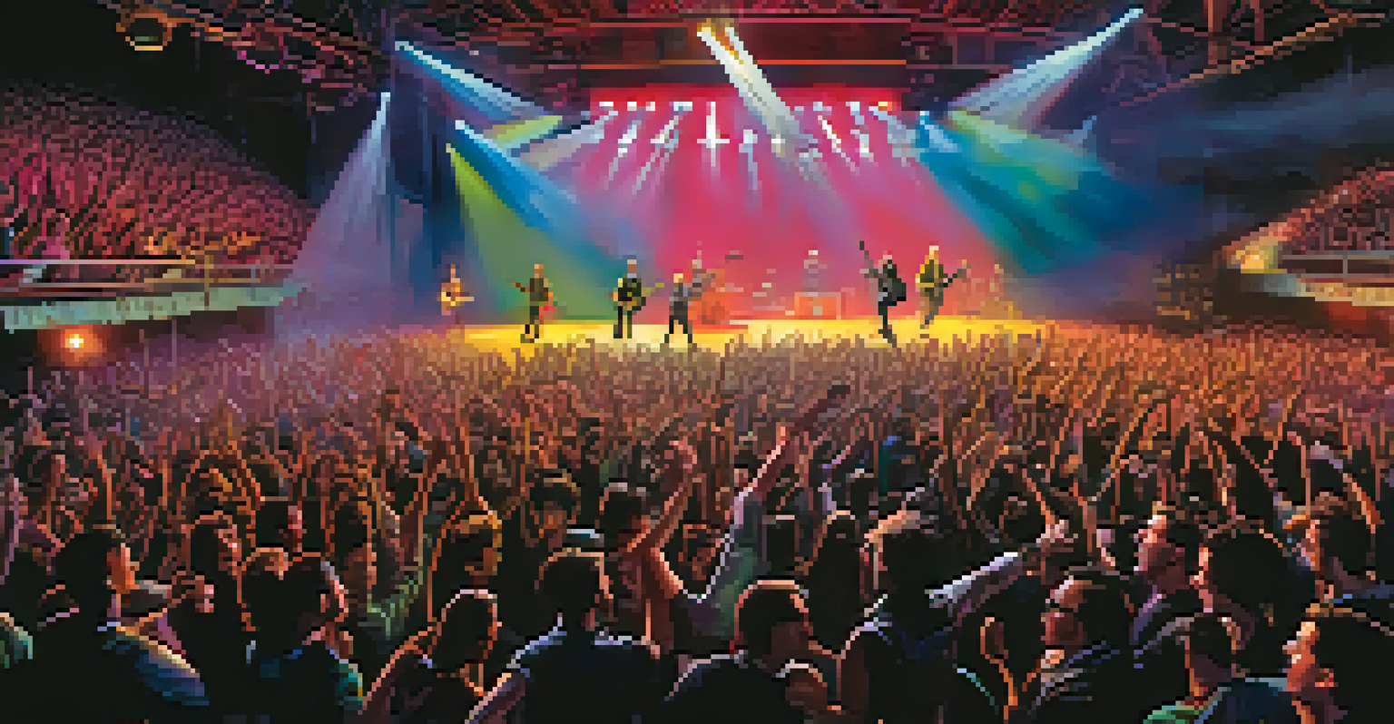 A vibrant concert scene featuring a punk rock band on stage with enthusiastic fans in the foreground, all dressed in traditional punk fashion.