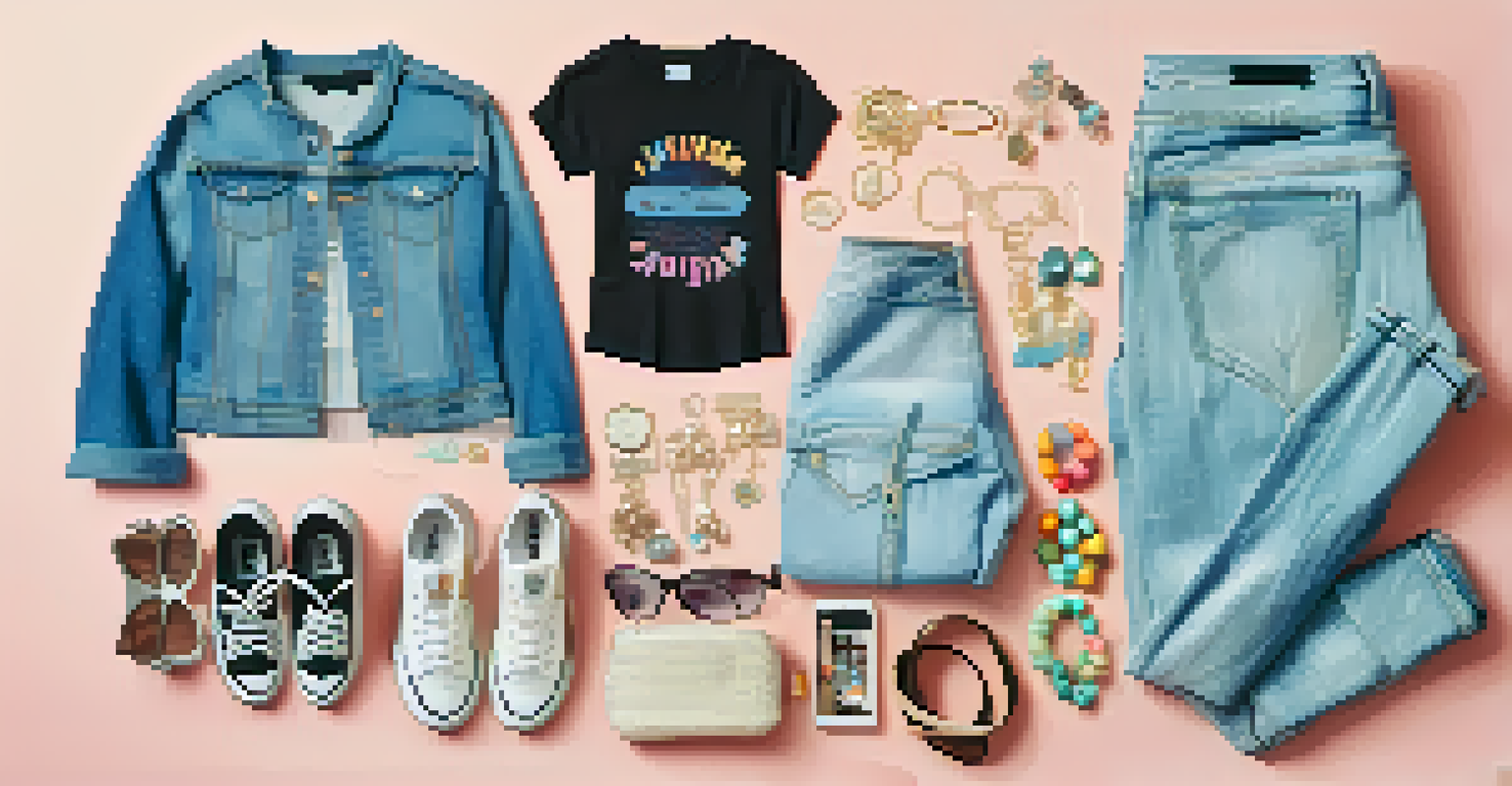 A flat lay of 2000s-inspired fashion items including a graphic tee, distressed jeans, and accessories on a pastel background.