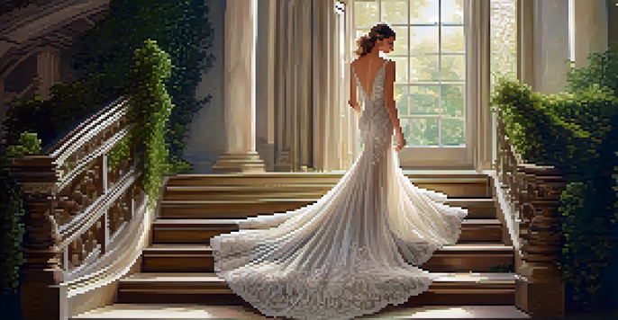 An elegant fashion illustration of a model in a vintage gown on a decorative staircase surrounded by greenery.