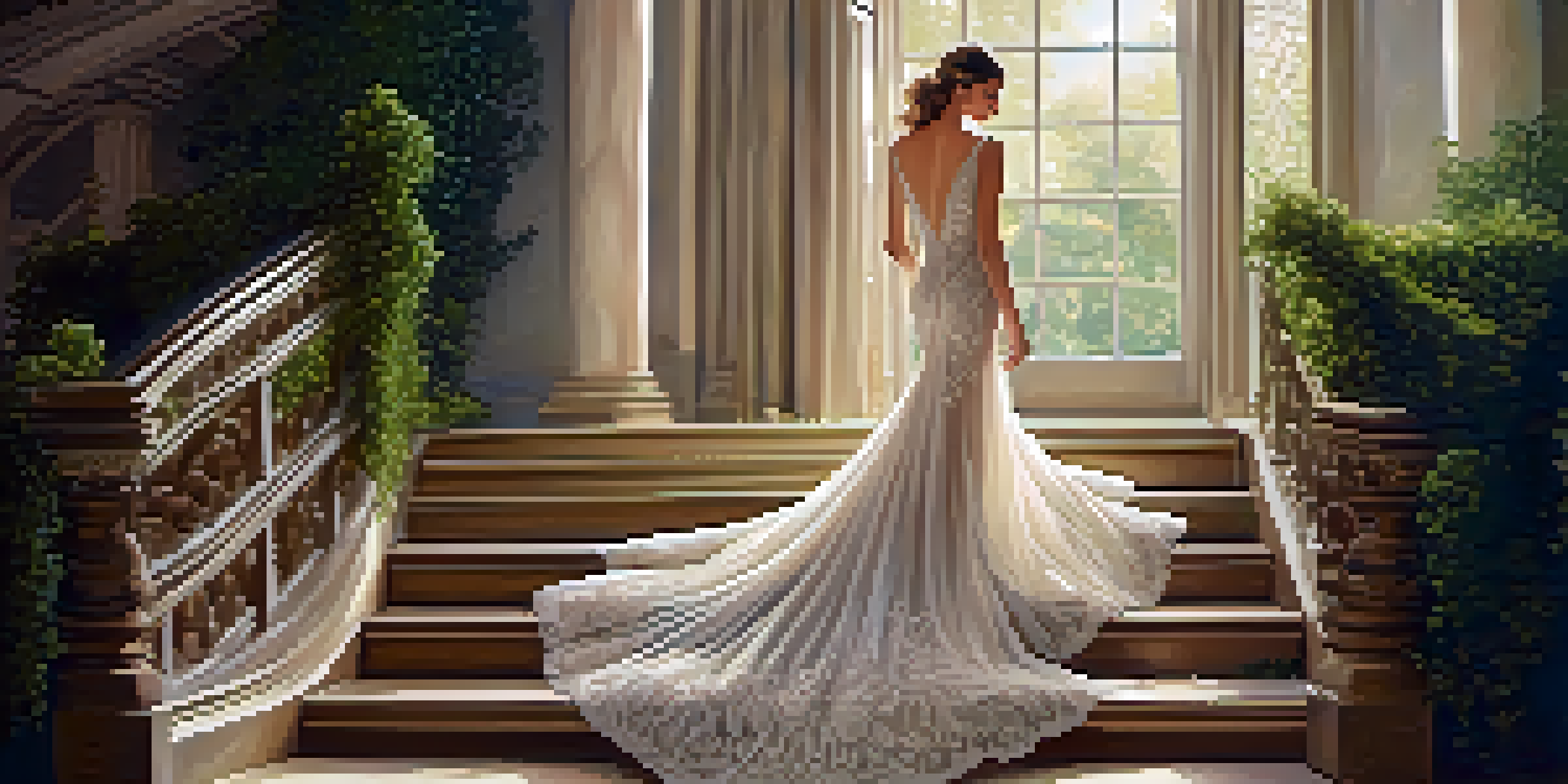 An elegant fashion illustration of a model in a vintage gown on a decorative staircase surrounded by greenery.