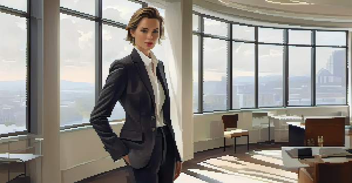 A confident androgynous person in a tailored blazer and trousers stands in a bright office, with large windows and soft colors.