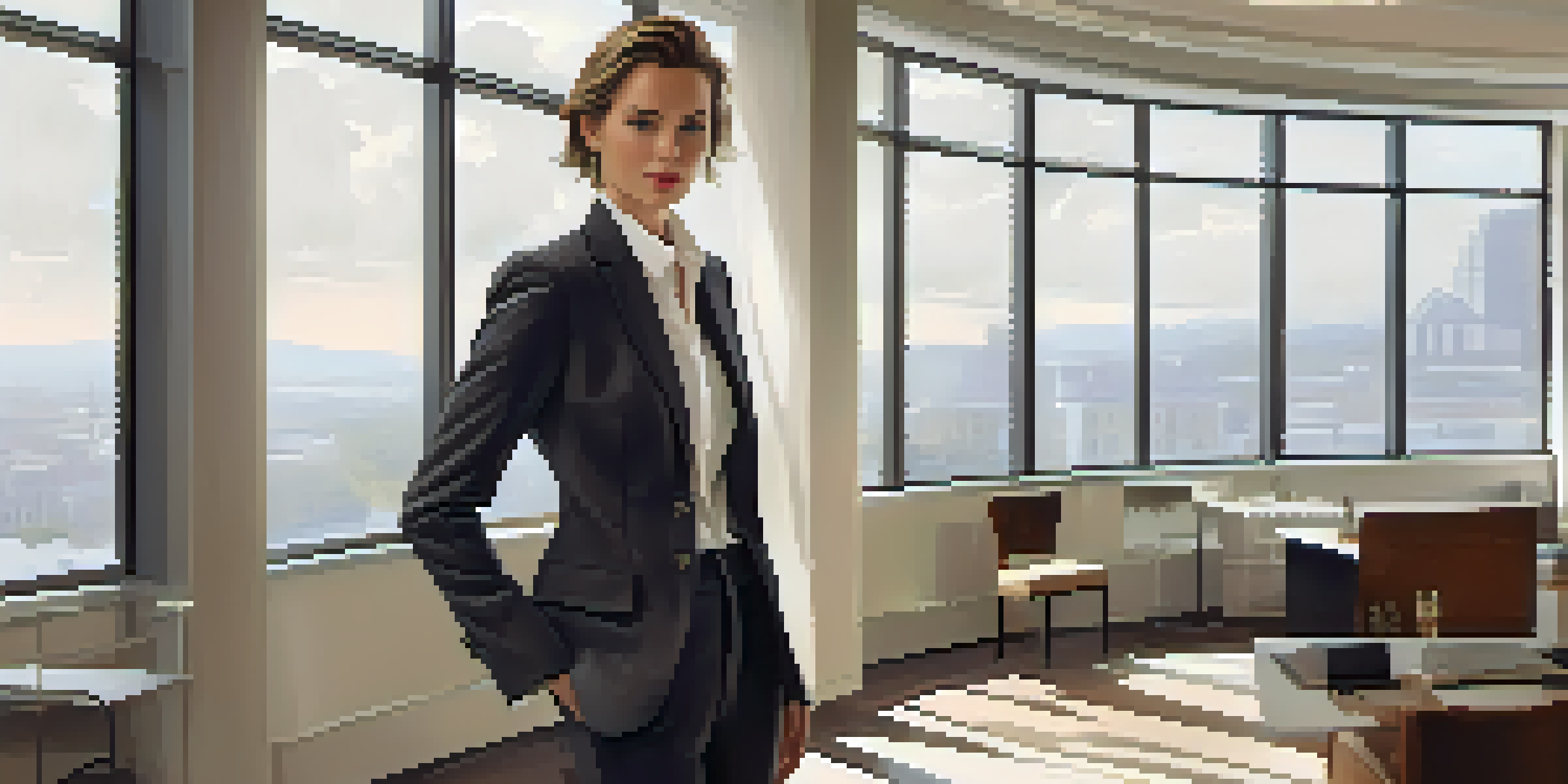 A confident androgynous person in a tailored blazer and trousers stands in a bright office, with large windows and soft colors.