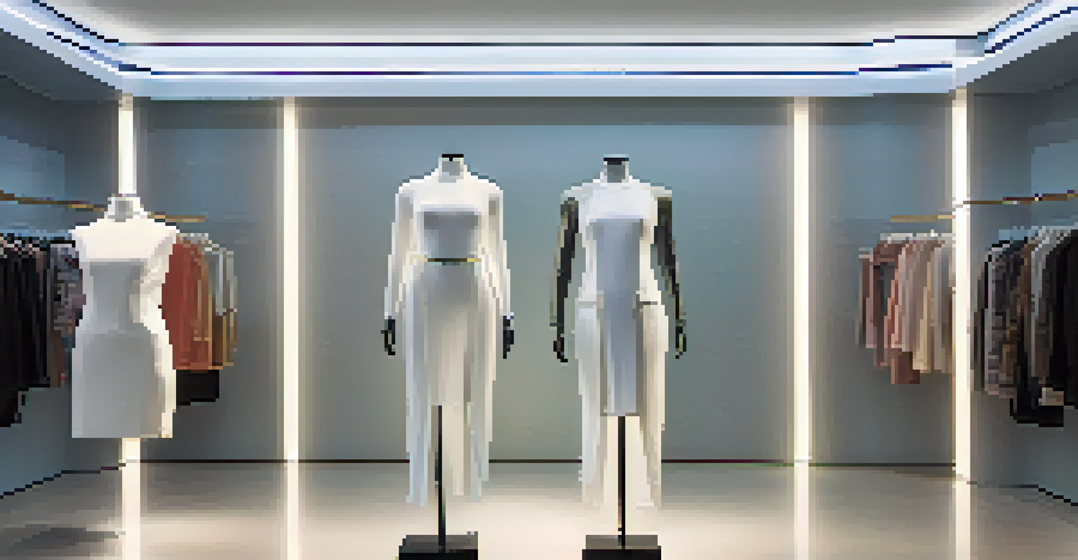 A futuristic outfit with embedded AI technology showcased in a modern boutique.