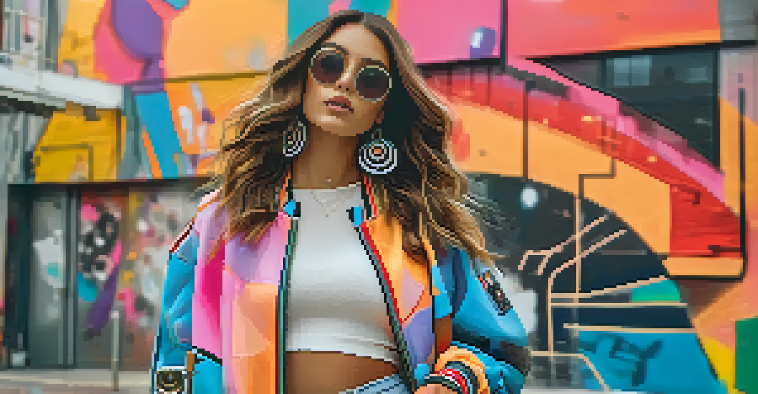 A social media influencer in an urban environment, wearing a stylish outfit with vibrant street art in the background.