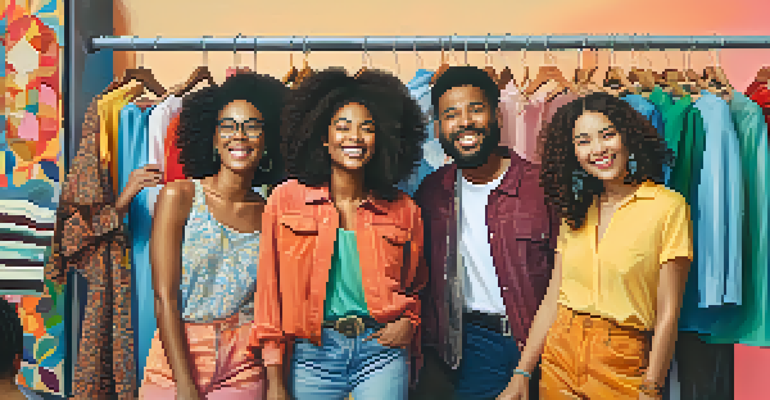 A diverse group of friends dressed in stylish outfits laugh together in a colorful thrift shop, showcasing community and support through fashion.