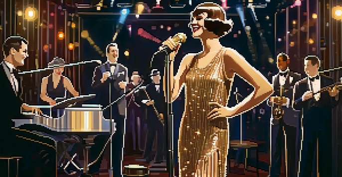 A 1920s flapper girl in a sequined dress standing in a jazz club with musicians in the background.