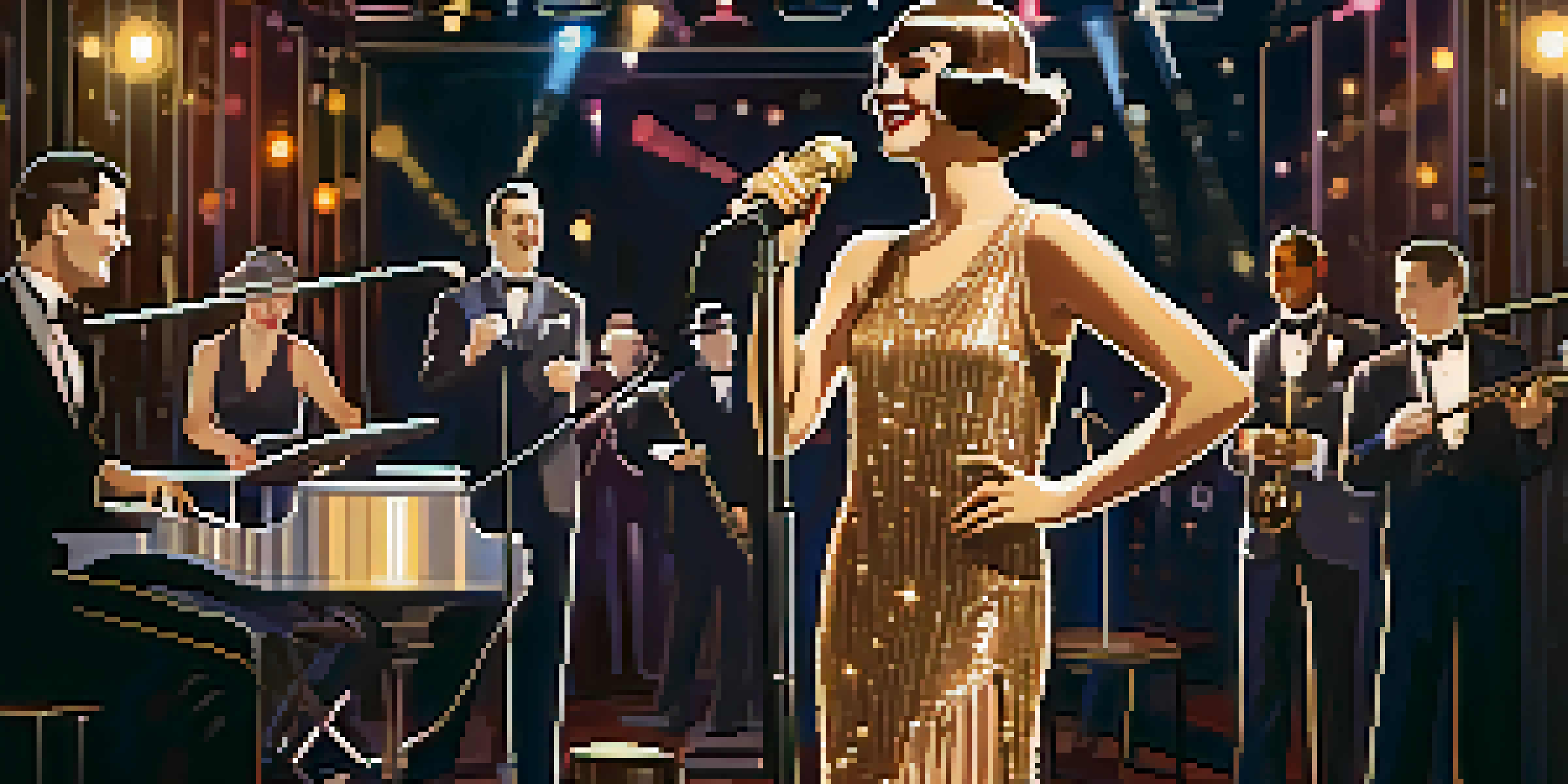 A 1920s flapper girl in a sequined dress standing in a jazz club with musicians in the background.