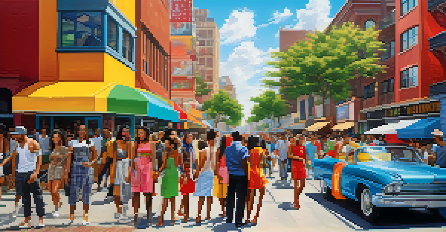 A lively street scene filled with diverse individuals showcasing the latest fashion trends against colorful urban murals.