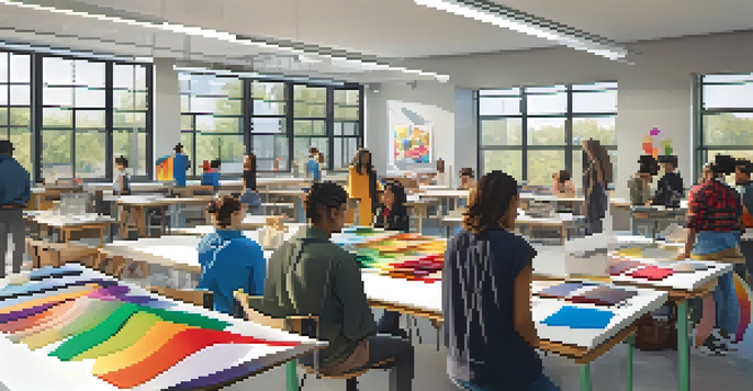 A diverse group of fashion students collaborating in a bright classroom, surrounded by colorful fabrics and high-tech design tools.