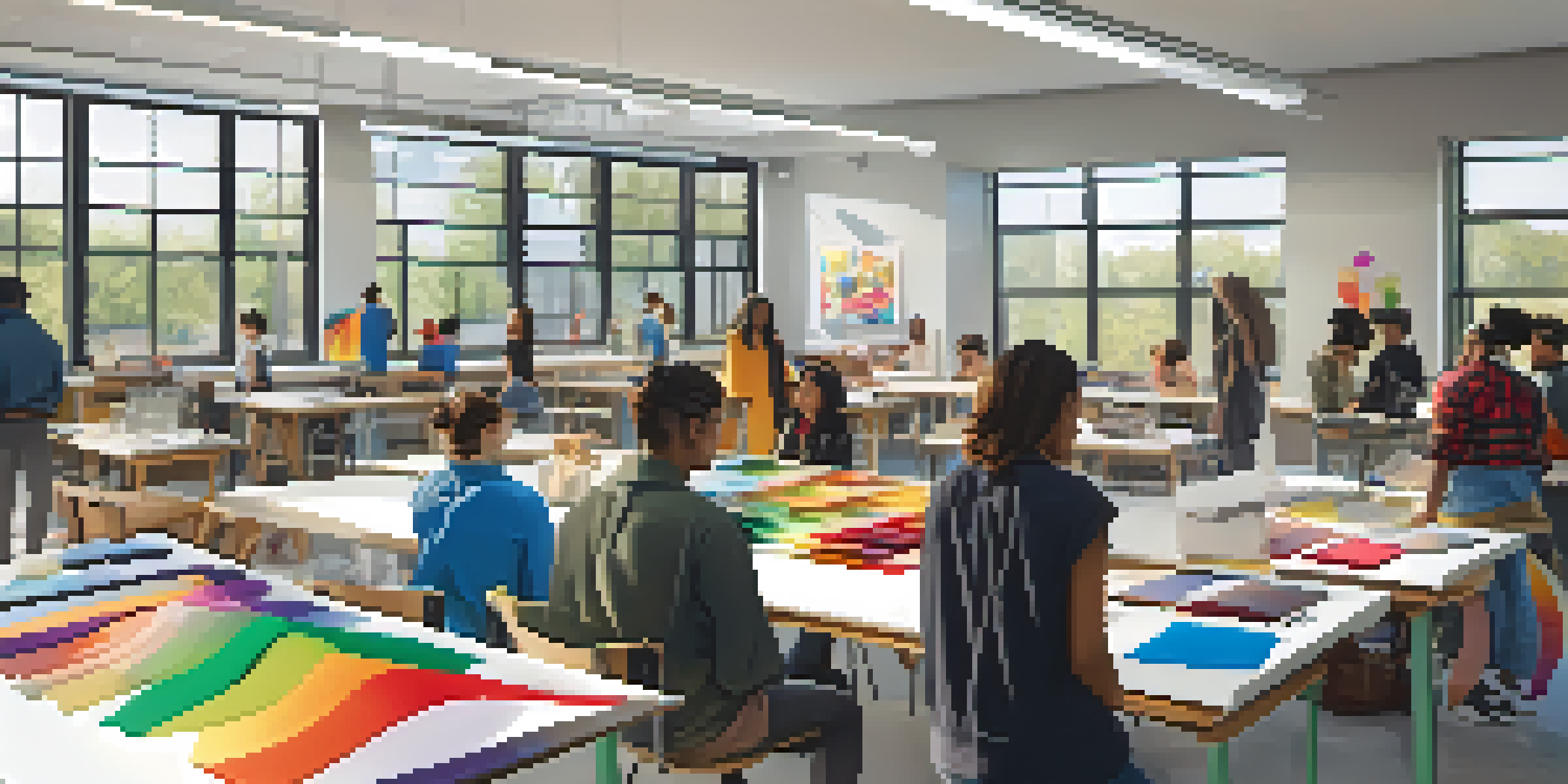 A diverse group of fashion students collaborating in a bright classroom, surrounded by colorful fabrics and high-tech design tools.
