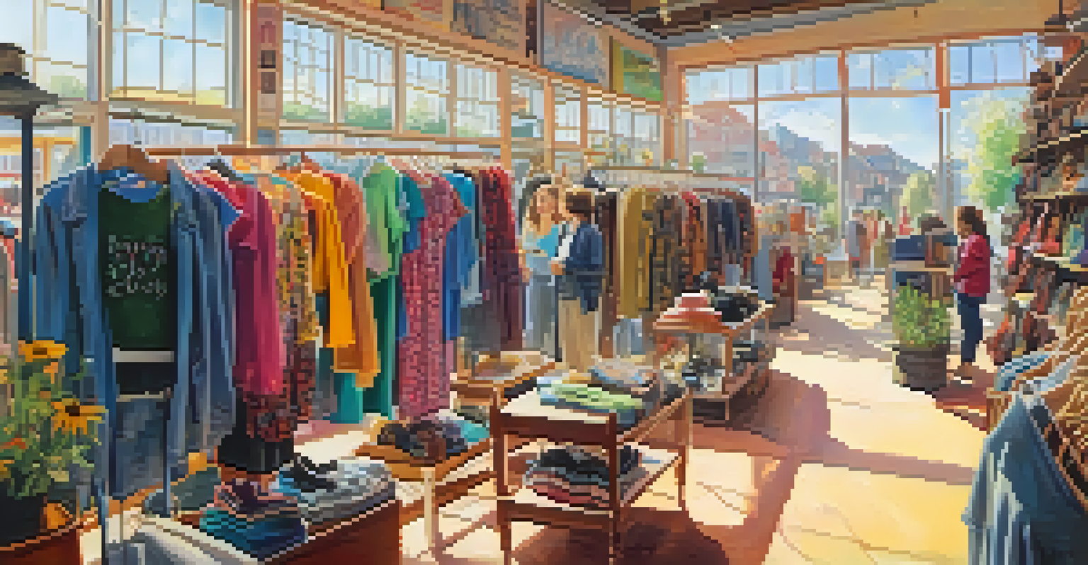 A vibrant thrift shop with diverse customers browsing colorful second-hand clothing racks illuminated by sunlight.