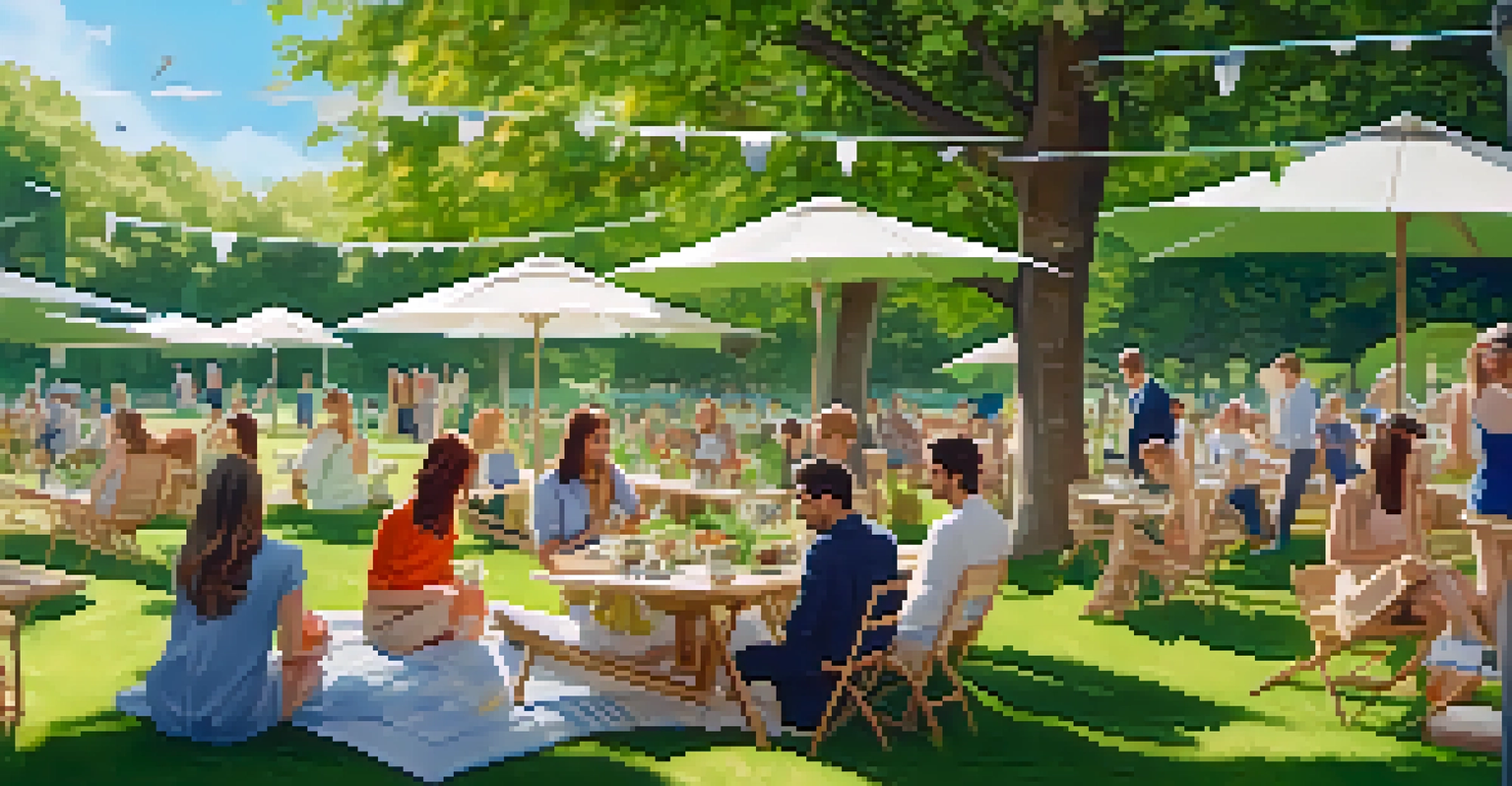 People enjoying a picnic in a park, wearing sustainable fashion, surrounded by greenery and banners promoting eco-friendly practices.