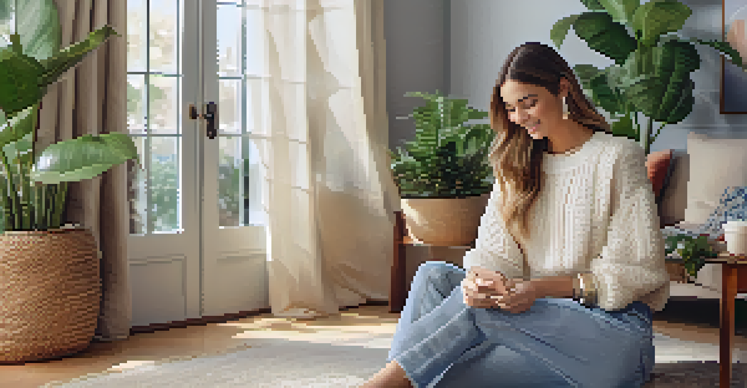 A close-up of a smartphone showing user-generated content of a customer in a unique outfit, set in a cozy living room with warm sunlight.
