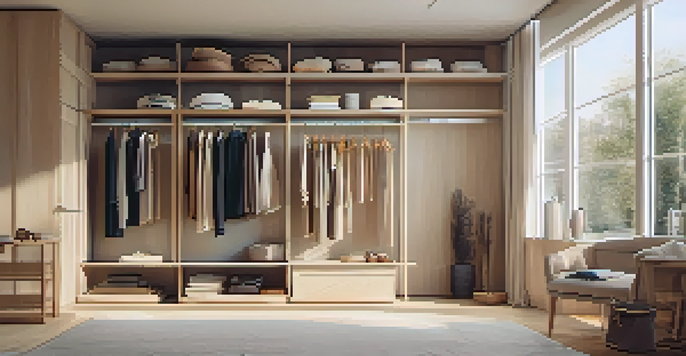 A well-organized minimalist wardrobe with neutral-colored clothing pieces and soft natural lighting.