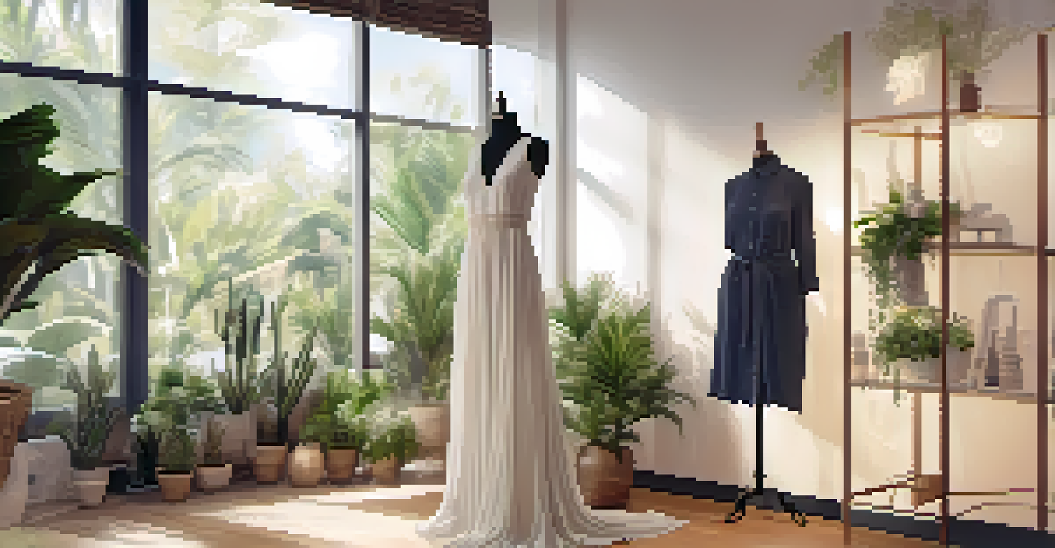 Close-up of an eco-friendly outfit displayed on a mannequin in a boutique with plants in the background.