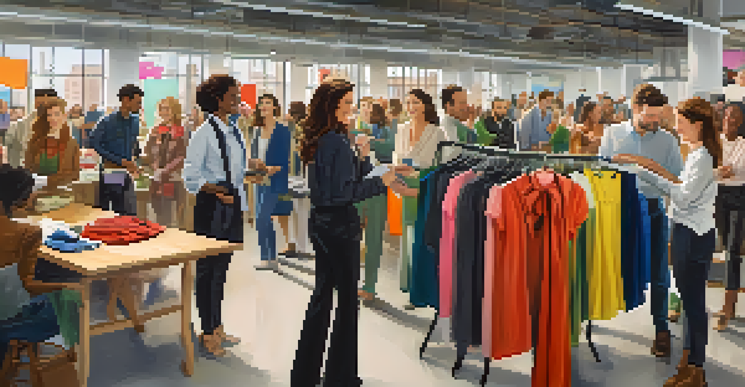 Colleagues happily participating in a clothing swap event, exchanging sustainable fashion items in a vibrant office setting.