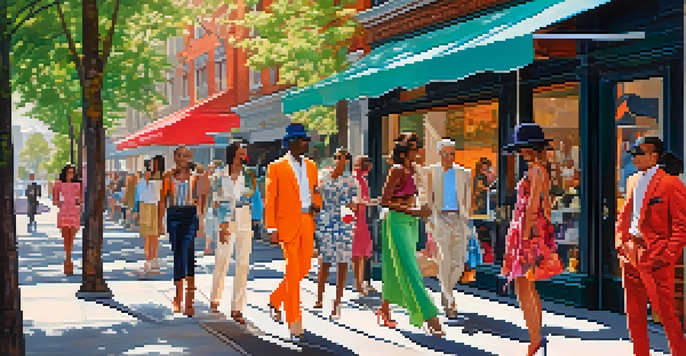 A lively street scene with diverse individuals in trendy outfits talking, with sunlight filtering through trees and a boutique window in the background.
