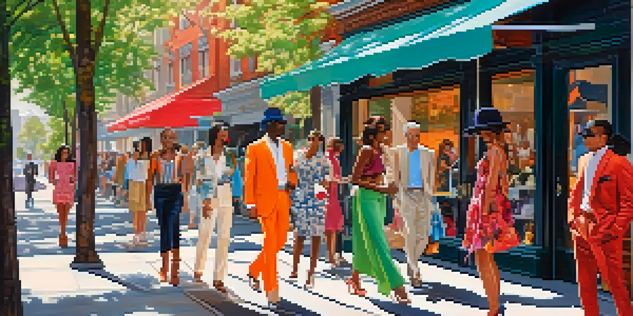 A lively street scene with diverse individuals in trendy outfits talking, with sunlight filtering through trees and a boutique window in the background.