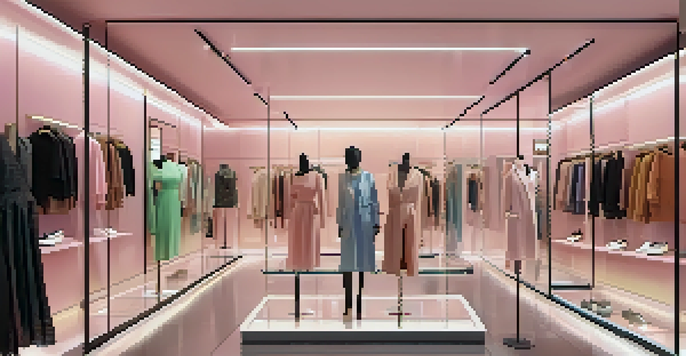 A fashion retail store with smart mirrors and customers trying on outfits virtually in a brightly lit environment.