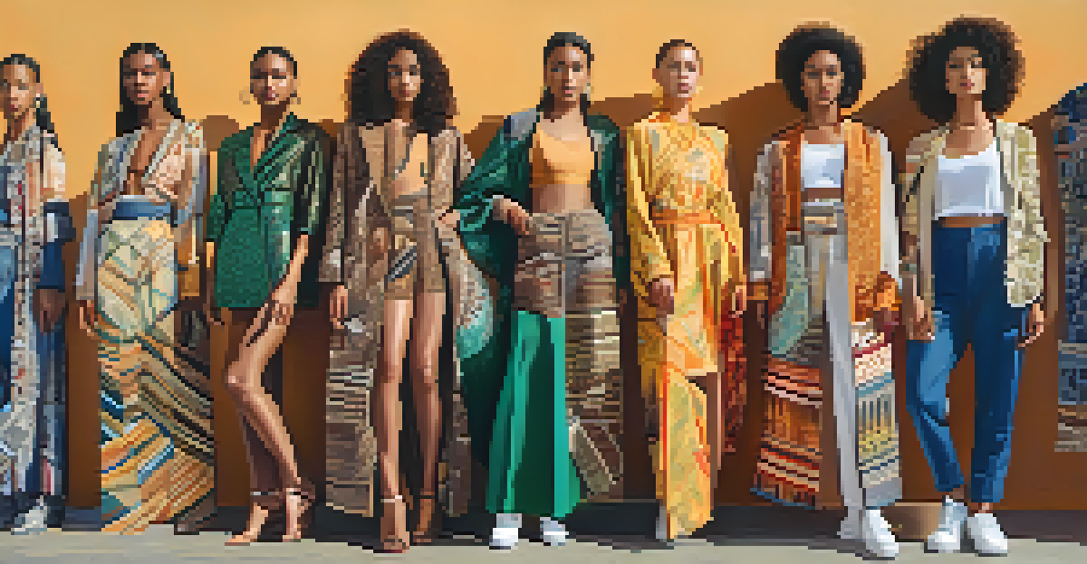 A diverse group of fashion models wearing culturally inspired clothing in a sunlit urban setting, highlighting inclusivity and the celebration of different backgrounds.
