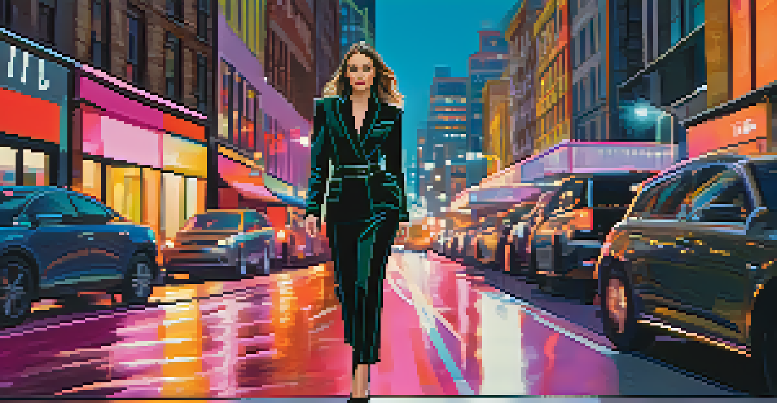 A digital fashion illustration of a model in a tailored blazer and high-waisted trousers, set in a vibrant cityscape.