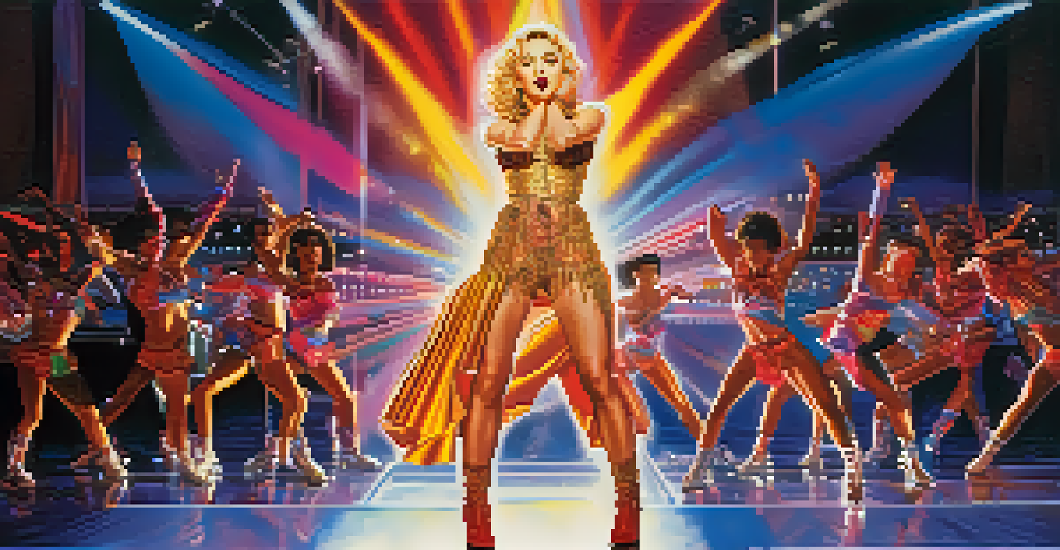 An energetic stage performance by Madonna in the 1990s, with colorful lights and a dance troupe, showcasing a captivating atmosphere filled with visual art.