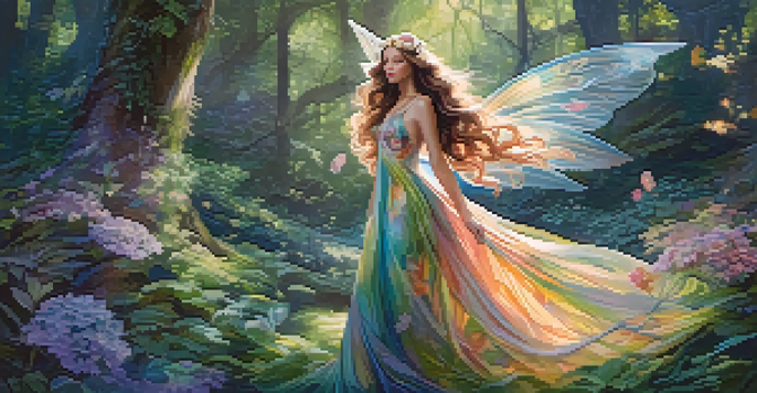 A colorful fashion illustration of a whimsical fairy in a flowing gown surrounded by a lush forest, with sunlight filtering through the leaves.