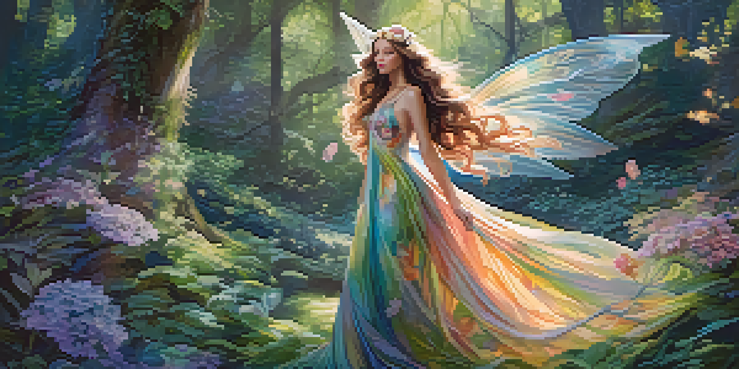 A colorful fashion illustration of a whimsical fairy in a flowing gown surrounded by a lush forest, with sunlight filtering through the leaves.