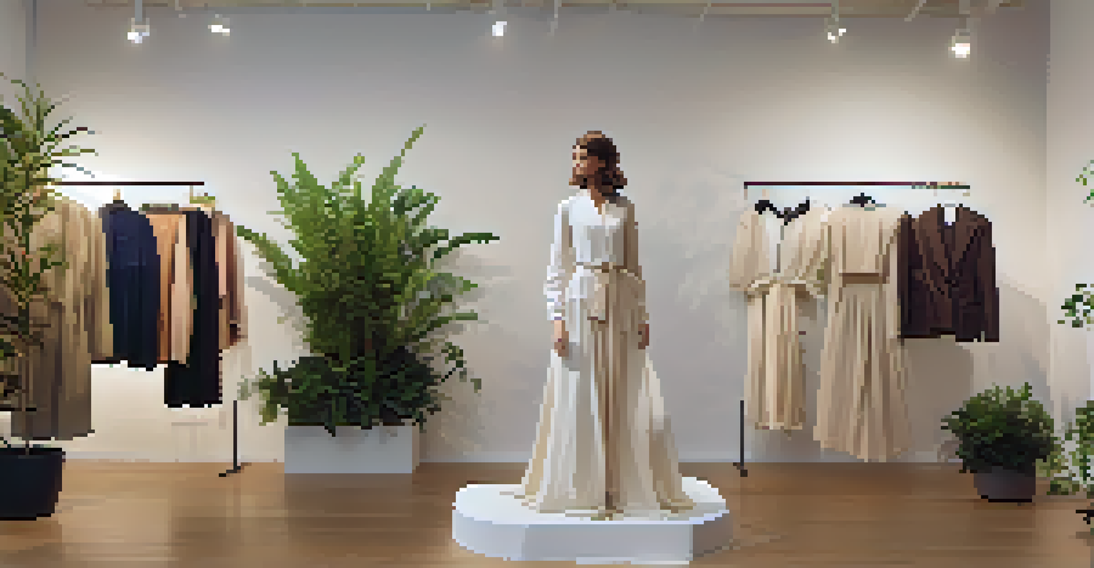 A minimalist gallery displays eco-friendly clothing on a mannequin, with soft lighting and potted plants, emphasizing sustainable fashion.