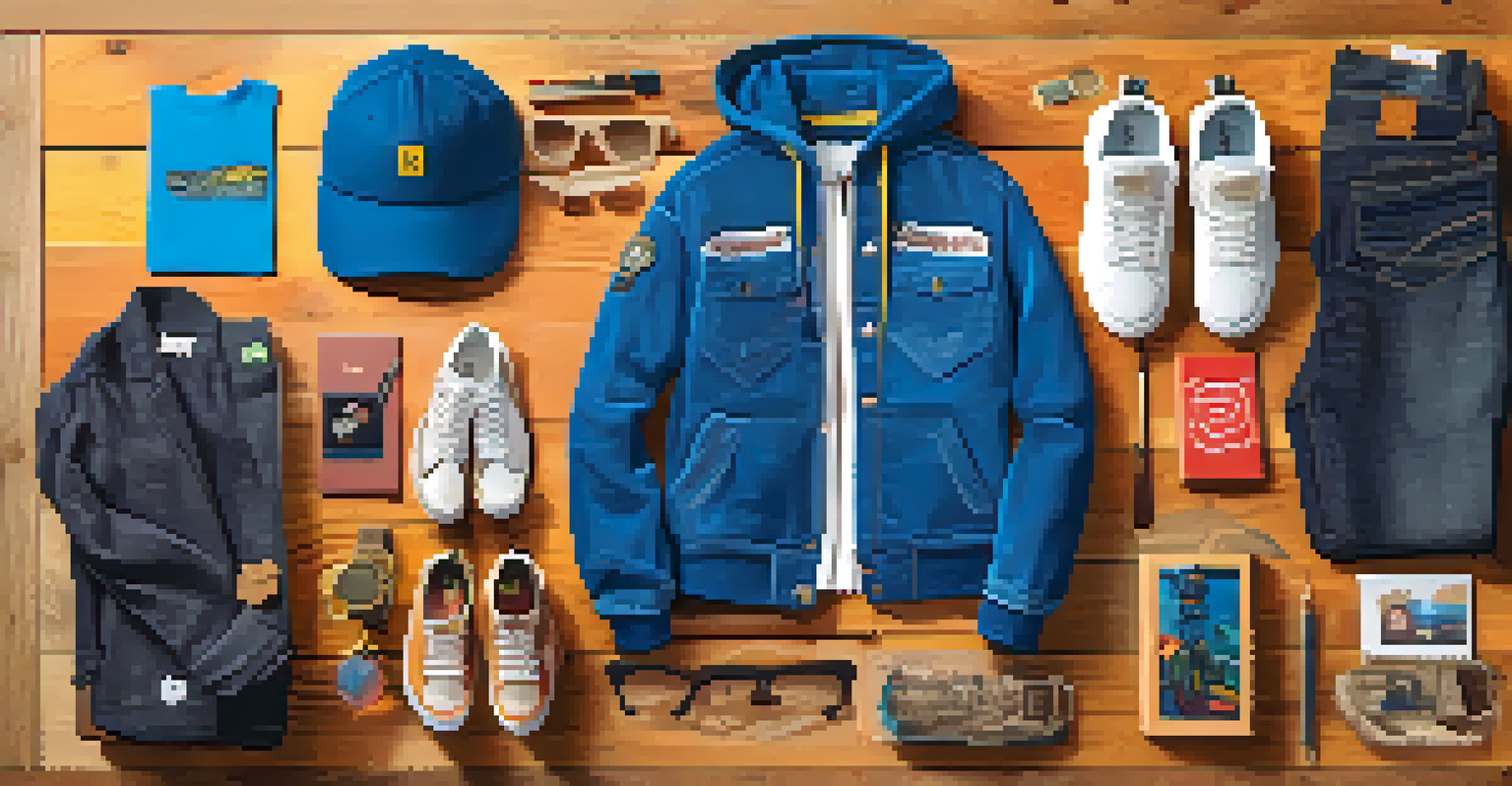 A flat lay of Pharrell-inspired streetwear items, including graphic tees and tailored jackets, arranged on a wooden surface with natural light.