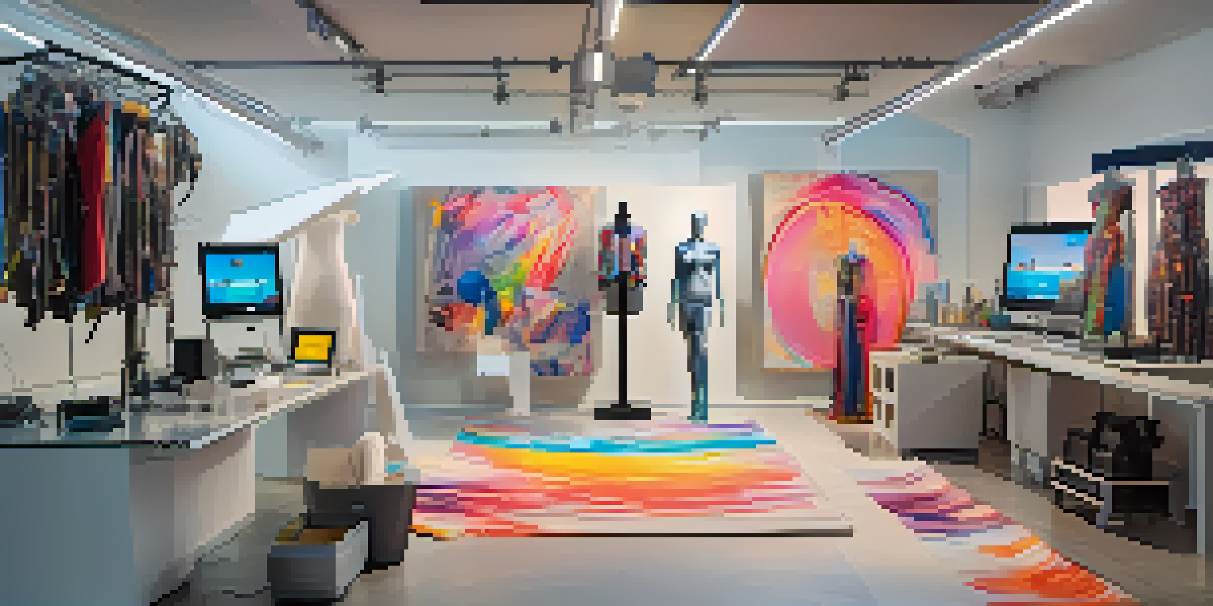 A modern fashion design studio featuring smart fabrics and 3D printers, with warm lighting and colorful design sketches.