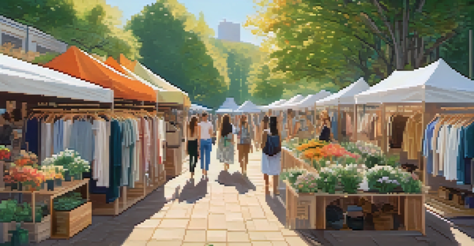 A vibrant outdoor sustainable fashion market with eco-friendly clothing displayed among greenery and flowers, illuminated by sunlight.