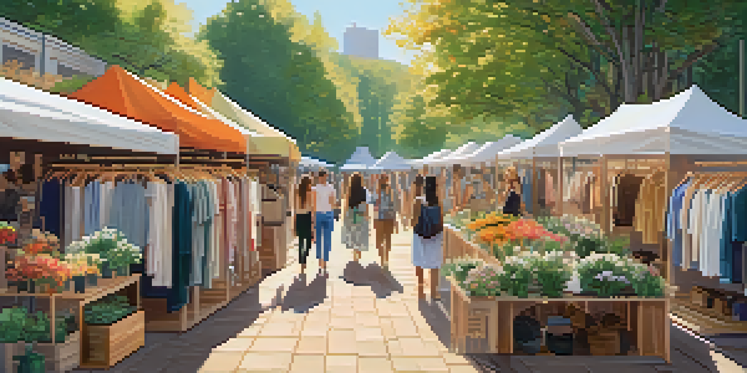 A vibrant outdoor sustainable fashion market with eco-friendly clothing displayed among greenery and flowers, illuminated by sunlight.