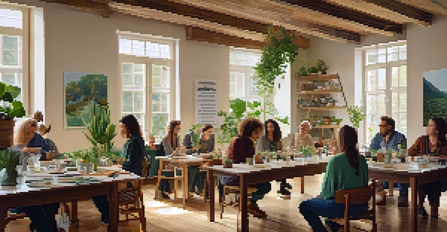 A cozy indoor workshop on sustainable living with diverse participants discussing eco-friendly products, surrounded by plants and educational posters.