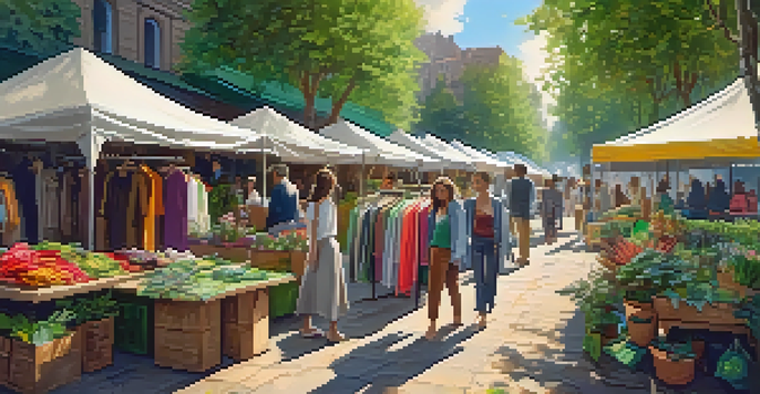 A lively outdoor market with stalls of eco-friendly clothing and diverse shoppers, surrounded by greenery.